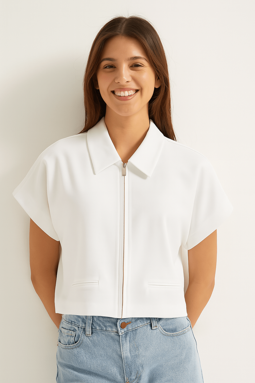 Shirley Kurzarm Zip - Jacke Schwarz mit Kragen - Tops - Weiß - Müller Mode